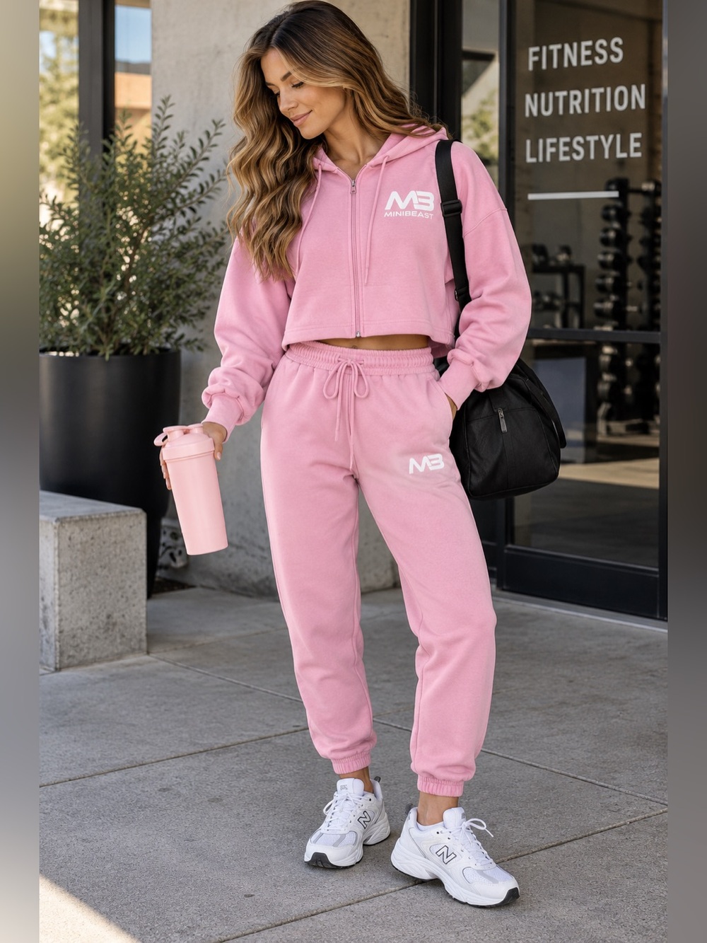 MiniBeast Pink Boyfriend Cropped Hoodie Joggers Workout Set Size Small